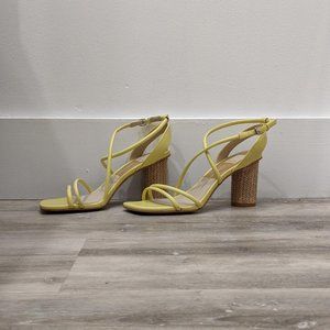 Dolce Vita yellow strappy sandal heels with square toe and raffia heel (7.5)